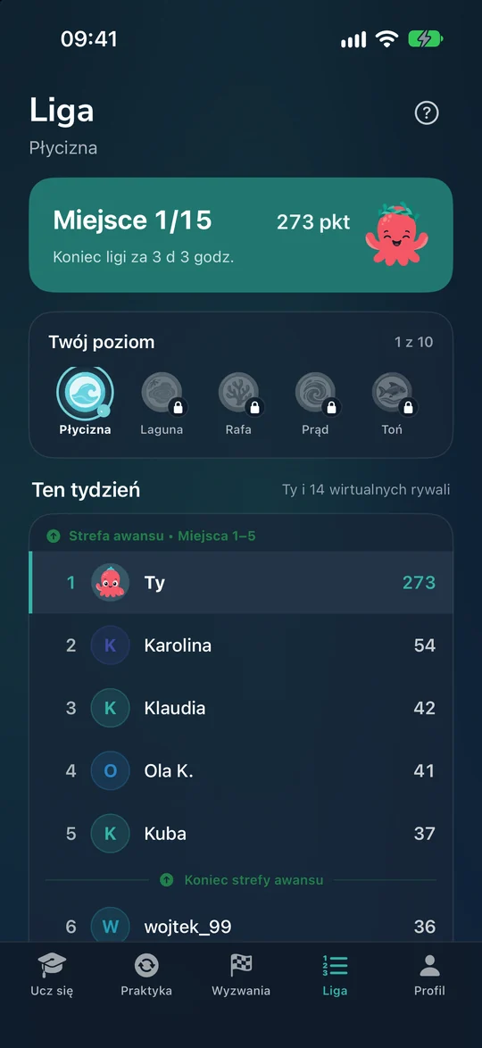 Ekran Liga: pierwsze miejsce w lidze Płycizna, tabela tygodnia z wirtualnymi rywalami.