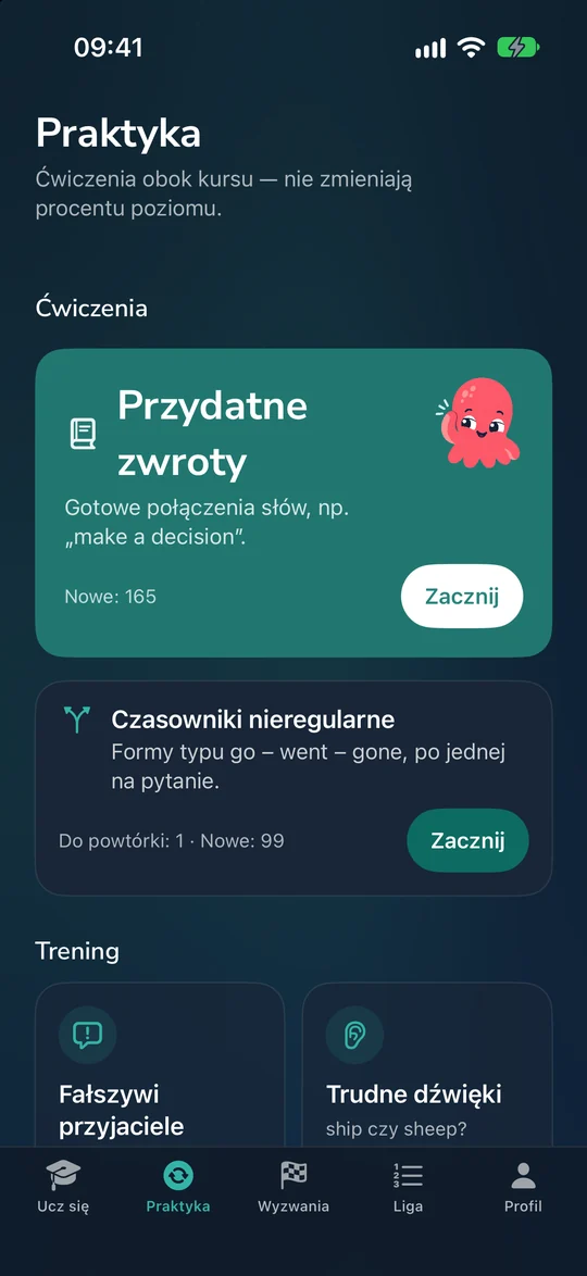 Ekran Praktyka: ćwiczenia Przydatne zwroty i Czasowniki nieregularne.